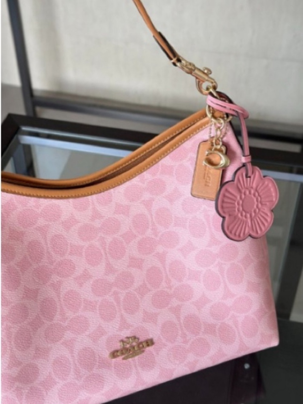 Coach Pink Signature Shoulder Bag with Tan Trim and Floral Charm - Picture 3 of 6